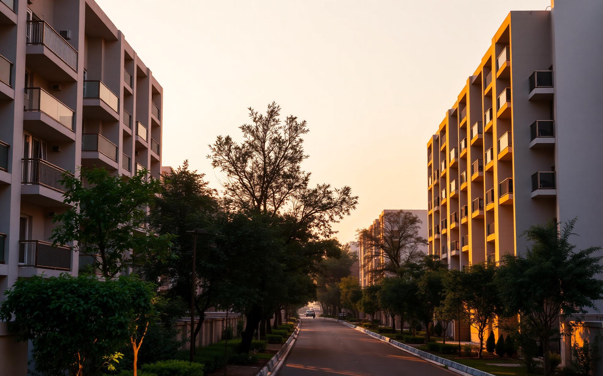 Tree-lined residential street in Kanpur at golden hour